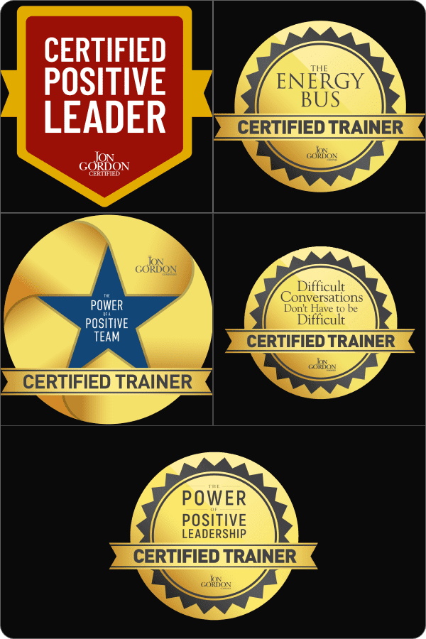 Various certified trainer badges with gold and blue designs.